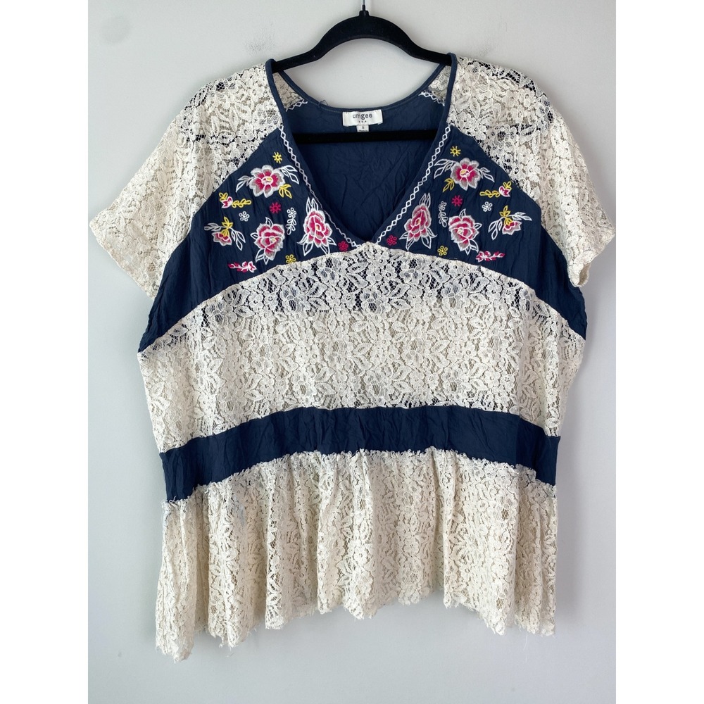Umgee‎ Lace Babydoll Top S Cream V Neck Sheer Floral Fairy Grunge Whimsigoth